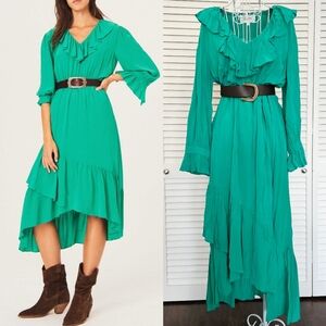 Ba&Sh Emerald Green Ruffle High Low V Neck Midi Dress Size 3 US 8